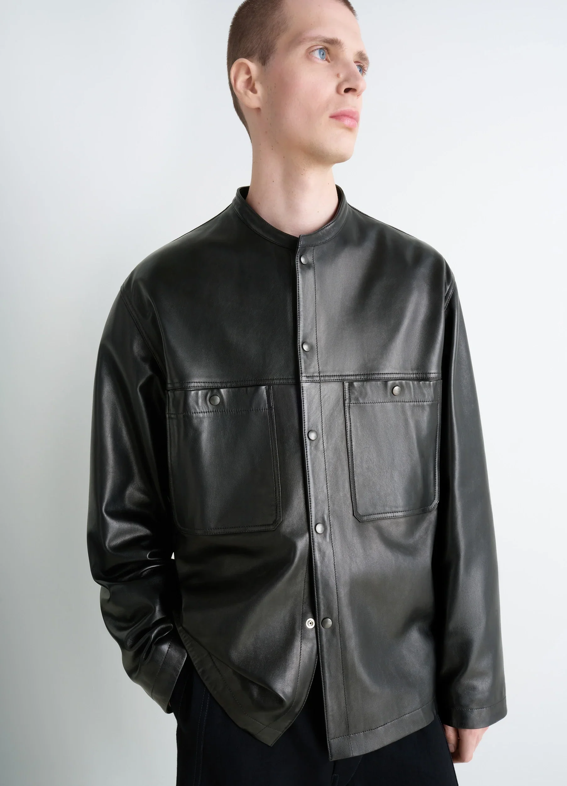 LEATHER COLLARSTAND OVERSHIRT